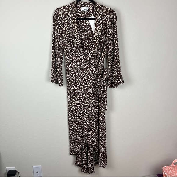 Ganni Printed Crepe Wrap Dress Decadent Chocolate - Picture 2 of 12